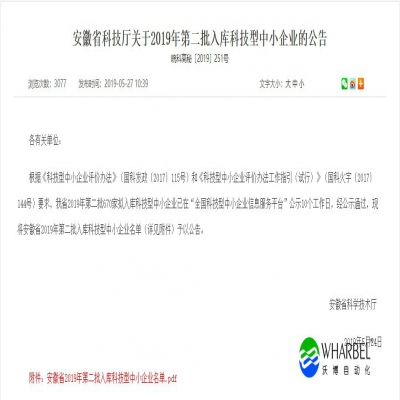 滁州沃博自动化再次被评为《安徽省科技型中小企业》
